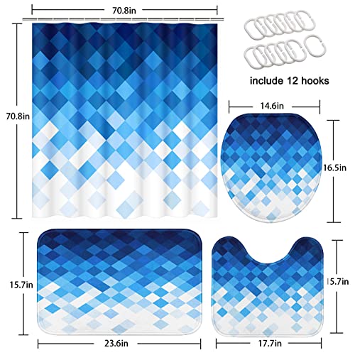 Geometric Blue Grid Triangle Abstract Bathroom Sets with Shower Curtain and Rugs and Accessories, Contemporary Blue Shower Curtain Sets, Blue Shower Curtains for Bathroom,Blue Bathroom Decor 4 Pcs