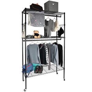 alupom heavy duty rolling garment rack, 3-tier metal clothing rack closet organizer with loackable wheels,2 rods and 2 pair side hooks,loading 400 lbs