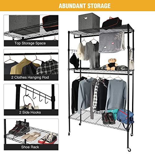 ALUPOM Heavy Duty Rolling Garment Rack, 3-Tier Metal Clothing Rack Closet Organizer with Loackable Wheels,2 Rods and 2 Pair Side hooks,Loading 400 lbs