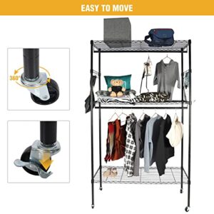 ALUPOM Heavy Duty Rolling Garment Rack, 3-Tier Metal Clothing Rack Closet Organizer with Loackable Wheels,2 Rods and 2 Pair Side hooks,Loading 400 lbs