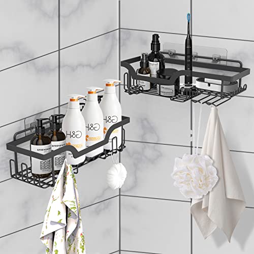 Honsdom 2-Pack No Drilling Bathroom Shower Caddy with Hooks, Self Adhesive Bathroom Shower Organizer Shelves, Large Capacity Wall Shower Storage with Soap Holder for Bathroom Accessories (Black)