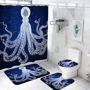 duobaorom 4 pieces set octopus shower curtain set blue and white sea animal picture print on non-slip rugs toilet lid cover bath mat and bathroom curtain with 12 hooks 72x72inch
