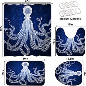 DuoBaorom 4 Pieces Set Octopus Shower Curtain Set Blue and White Sea Animal Picture Print on Non-Slip Rugs Toilet Lid Cover Bath Mat and Bathroom Curtain with 12 Hooks 72x72inch