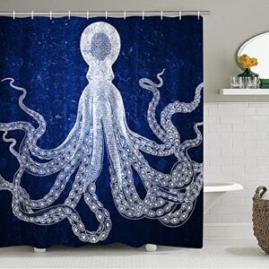 DuoBaorom 4 Pieces Set Octopus Shower Curtain Set Blue and White Sea Animal Picture Print on Non-Slip Rugs Toilet Lid Cover Bath Mat and Bathroom Curtain with 12 Hooks 72x72inch