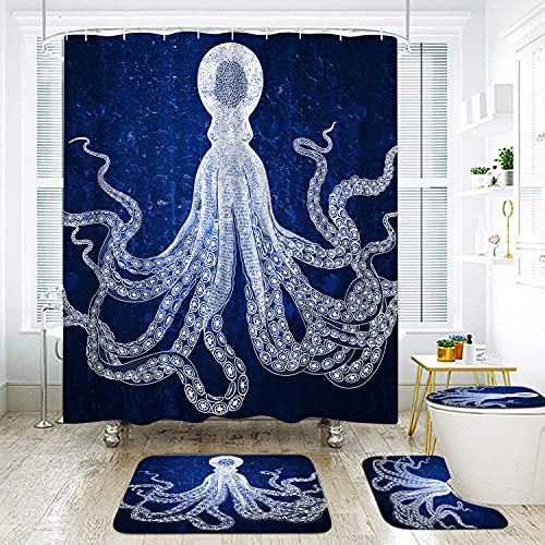 DuoBaorom 4 Pieces Set Octopus Shower Curtain Set Blue and White Sea Animal Picture Print on Non-Slip Rugs Toilet Lid Cover Bath Mat and Bathroom Curtain with 12 Hooks 72x72inch