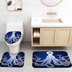 DuoBaorom 4 Pieces Set Octopus Shower Curtain Set Blue and White Sea Animal Picture Print on Non-Slip Rugs Toilet Lid Cover Bath Mat and Bathroom Curtain with 12 Hooks 72x72inch