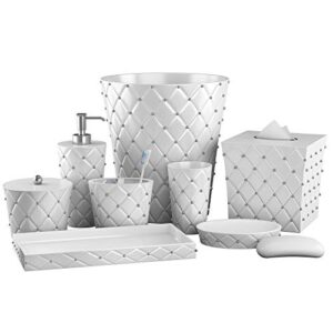 ceramic jewel collection bathroom accessories set for vanity countertops 8 piece includes container, soap dish,toothbrush holder,tumbler,soap pump,waste basket,tissue box holder,tray-white/silver