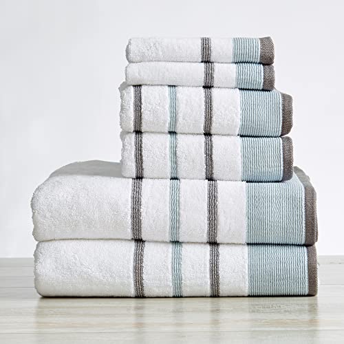 Great Bay Home 6-Piece Luxury Hotel/Spa Cotton Striped Towel Set, 500 GSM. Includes Bath Towels, Hand Towels and Washcloths. Noelle Collection by Brand. (Eucalyptus/Grey)
