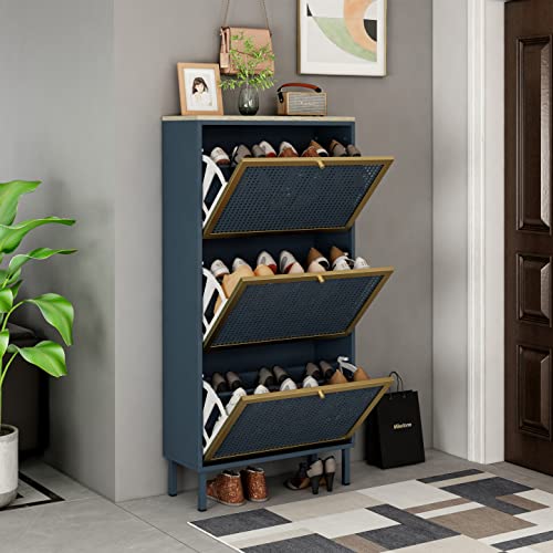 SSLine Industrial Shoe Cabinet with 3 Flip Down Storage Shelves Free-Standing Shoe Rack Elegant Wood Shoe Storage Organizer with Metal Rattan Door for Entryway Hallway Doorway (Blue&Gold-3 Door)