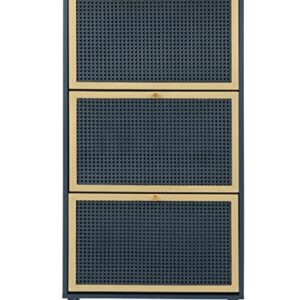 SSLine Industrial Shoe Cabinet with 3 Flip Down Storage Shelves Free-Standing Shoe Rack Elegant Wood Shoe Storage Organizer with Metal Rattan Door for Entryway Hallway Doorway (Blue&Gold-3 Door)