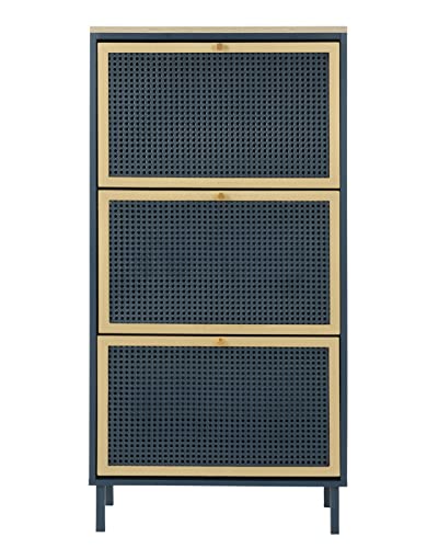 SSLine Industrial Shoe Cabinet with 3 Flip Down Storage Shelves Free-Standing Shoe Rack Elegant Wood Shoe Storage Organizer with Metal Rattan Door for Entryway Hallway Doorway (Blue&Gold-3 Door)