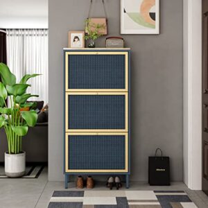 SSLine Industrial Shoe Cabinet with 3 Flip Down Storage Shelves Free-Standing Shoe Rack Elegant Wood Shoe Storage Organizer with Metal Rattan Door for Entryway Hallway Doorway (Blue&Gold-3 Door)