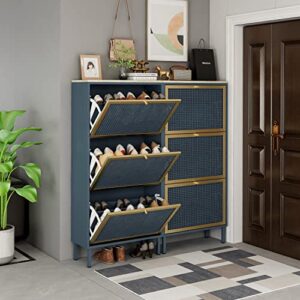 SSLine Industrial Shoe Cabinet with 3 Flip Down Storage Shelves Free-Standing Shoe Rack Elegant Wood Shoe Storage Organizer with Metal Rattan Door for Entryway Hallway Doorway (Blue&Gold-3 Door)