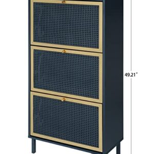 SSLine Industrial Shoe Cabinet with 3 Flip Down Storage Shelves Free-Standing Shoe Rack Elegant Wood Shoe Storage Organizer with Metal Rattan Door for Entryway Hallway Doorway (Blue&Gold-3 Door)