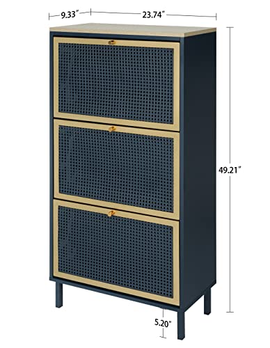 SSLine Industrial Shoe Cabinet with 3 Flip Down Storage Shelves Free-Standing Shoe Rack Elegant Wood Shoe Storage Organizer with Metal Rattan Door for Entryway Hallway Doorway (Blue&Gold-3 Door)