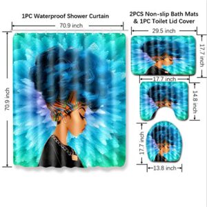 4PCS/Set Natural Cute African American Woman Pattern Shower Curtain Floor Mat Set with Rugs and Accessories for Bathroom Decor