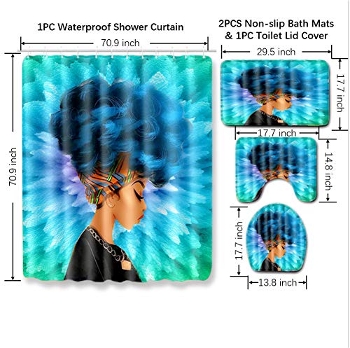 4PCS/Set Natural Cute African American Woman Pattern Shower Curtain Floor Mat Set with Rugs and Accessories for Bathroom Decor