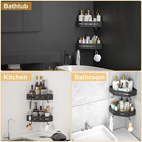 Punch-free Glue Adhesive Shower Caddy Bathroom Corner Shower Shelf with Hooks Stainless Steel Shower Storage Organizer Wall Mounted for Bathroom, Kitchen, Living Room, Restroom - 2 Pack, Chrome