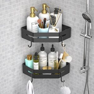 Punch-free Glue Adhesive Shower Caddy Bathroom Corner Shower Shelf with Hooks Stainless Steel Shower Storage Organizer Wall Mounted for Bathroom, Kitchen, Living Room, Restroom - 2 Pack, Chrome