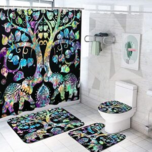 duobaorom 4 pieces set boho elephant shower curtain set boho paisley animal tree of life picture print on non-slip rugs toilet lid cover bath mat and bathroom curtain with 12 hooks 72x72inch