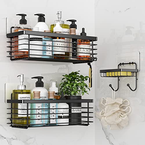 ODesign Shower Caddy Basket with Hooks Soap Dish Holder Shelf for Shampoo Conditioner Bathroom Storage Organizer SUS304 Stainless Steel Rustproof No Drilling Adhesive 3 Pack - Black