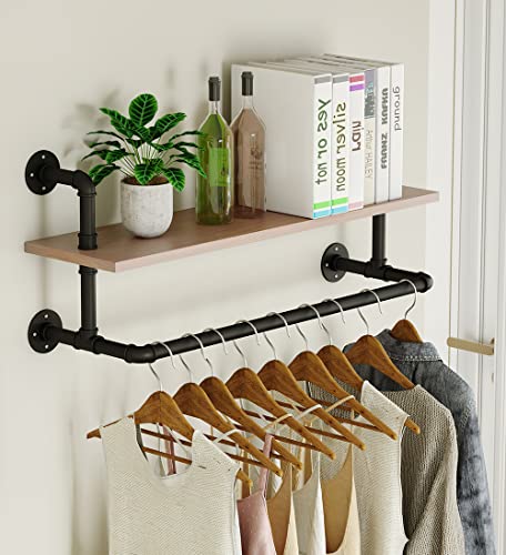 MAIKAILUN Wall Mounted Clothes Rack with Wood Shelf,36" Long Industrial Pipe Clothing Rack with Shelf Heavy Duty Iron Garment Rack Bar,Retail Display Clothes Rod for Clothes,Laundry Room,Black