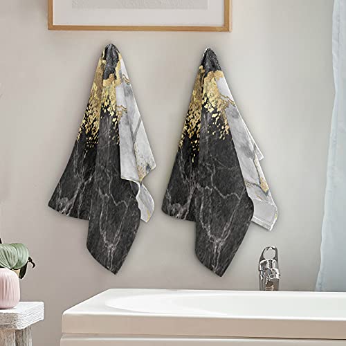 Jucciaco Black Marble Hand Towel for Bathroom Kitchen, Absorbent Black Grey and Gold Marble Bath Hand Towels Decorative, Soft Polyester Cotton Towels for Hand, 28x14 inches, Set of 2