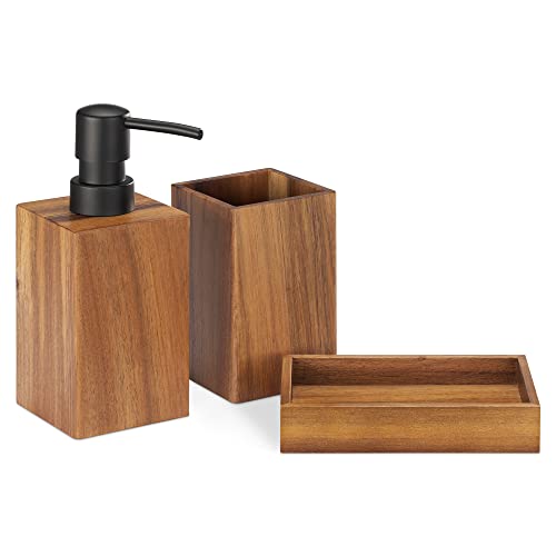 Navaris Bamboo Bathroom Accessories Set - 3-Piece Bath Accessory Kit with Toothbrush Holder/Liquid Soap Dispenser/Soap Dish Tray - Acacia Wood