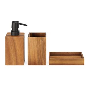 Navaris Bamboo Bathroom Accessories Set - 3-Piece Bath Accessory Kit with Toothbrush Holder/Liquid Soap Dispenser/Soap Dish Tray - Acacia Wood