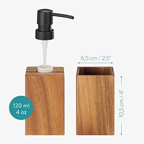 Navaris Bamboo Bathroom Accessories Set - 3-Piece Bath Accessory Kit with Toothbrush Holder/Liquid Soap Dispenser/Soap Dish Tray - Acacia Wood