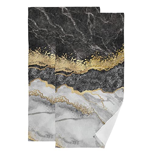 Bath Towels Set of 2 Hand Towels for Bathroom Cotton Gold Black Marble Decorative 28x14in Absorbent Soft