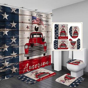 Dia Magico 4PCS American Flag Red Truck Shower Curtain Set, Vintage Antique Car Rooster Farm Animal Independence Day 4th of July Patriotic Country Rustic Farmhouse Bathroom Decor, Non-Slip Bath Mat