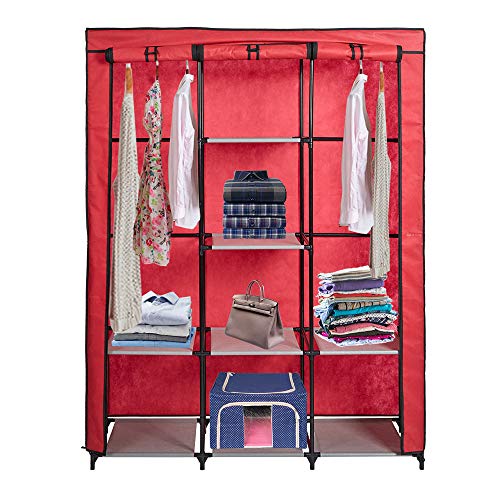 LUCKYERMORE Wardrobe Closet Portable Cloth Closets Organizer Clothes Storage with Hanging Rack and Removable Cover, Red