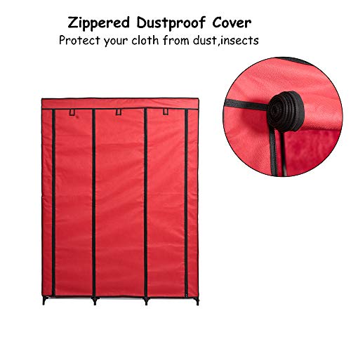 LUCKYERMORE Wardrobe Closet Portable Cloth Closets Organizer Clothes Storage with Hanging Rack and Removable Cover, Red