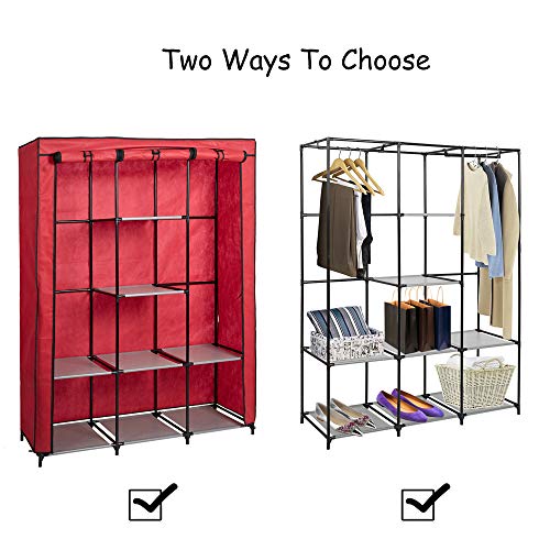 LUCKYERMORE Wardrobe Closet Portable Cloth Closets Organizer Clothes Storage with Hanging Rack and Removable Cover, Red