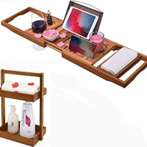 Utoplike Teak Bathtub Caddy Tray Bath Tray for Tub and Teak Wood Shower Caddy Corner 2 Tier Bathroom Organizer Countertop Set