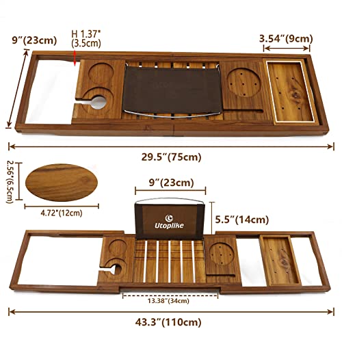 Utoplike Teak Bathtub Caddy Tray Bath Tray for Tub and Teak Wood Shower Caddy Corner 2 Tier Bathroom Organizer Countertop Set