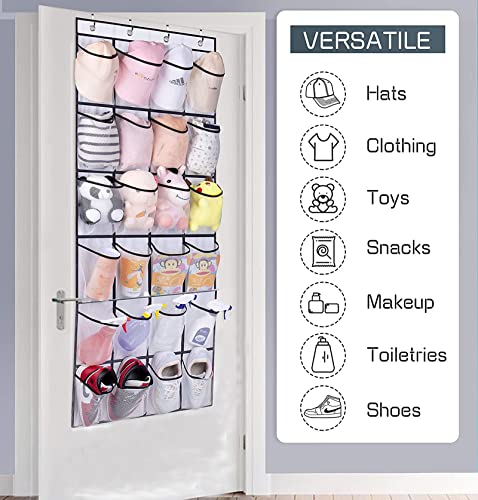 Over The Door Shoe Rack with 24 Large Mesh Pockets, Back of Door Organizer Hanging Bag for Closet Entryway Bedroom Bathroom Pantry Hanging Holder for Hats Sneakers High Heeled Shoes flip flops, White