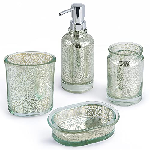 Allure Home Creation Athena 4-Piece Glass Bathroom Accessory Set Turquoise Blue w/Metallic Silver Accents