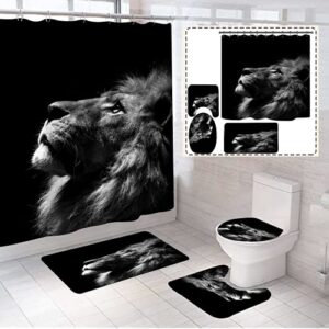 4 piece lion shower curtains sets with non-slip rugs, toilet lid cover and bath mat, king leo bathroom sets with shower curtain and black rugs and accessories
