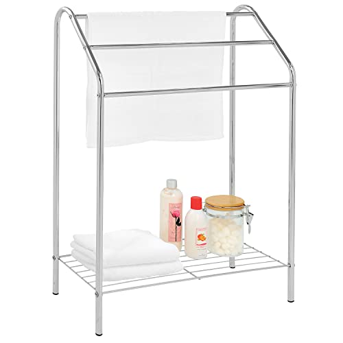 MyGift Silver Chrome Metal Freestanding Towel Rack for Bathroom Laundry Room Spa with 3 Tiered Bars and Storage Shelf, Clothes and Towel Drying Rack Stand