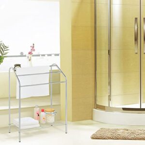 MyGift Silver Chrome Metal Freestanding Towel Rack for Bathroom Laundry Room Spa with 3 Tiered Bars and Storage Shelf, Clothes and Towel Drying Rack Stand