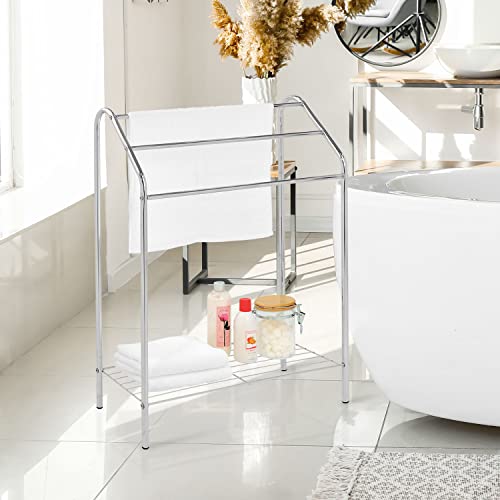 MyGift Silver Chrome Metal Freestanding Towel Rack for Bathroom Laundry Room Spa with 3 Tiered Bars and Storage Shelf, Clothes and Towel Drying Rack Stand