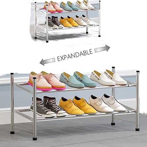 BNMGH 2-Tier Expandable Shoe Rack for Closet, Stainless Steel Freestanding Telescopic and Stackable Sturdy Durable 12-Pairs Storage Organizer Entryway Doorway 1pc (Silver)