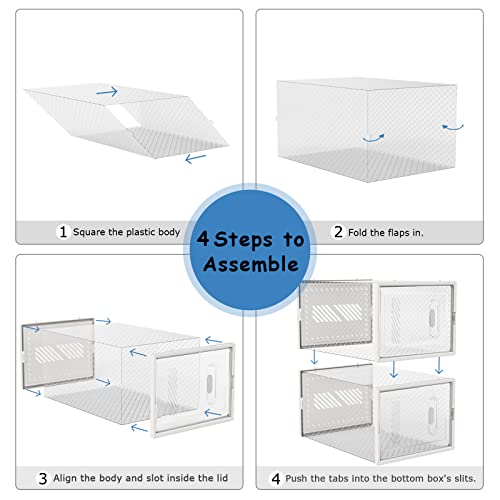 Shoe Storage Boxes Shoe Organizer for Closet, 6 Pack Shoe Boxes Clear Plastic Stackable Shoe Containers Under Bed Shoe Storage Foldable Sneaker Containers Bins Shoe Holder for Entryway, Closet Floor, Drop Front, Fit up to US Size 14