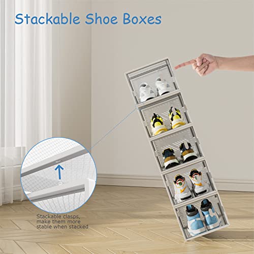 Shoe Storage Boxes Shoe Organizer for Closet, 6 Pack Shoe Boxes Clear Plastic Stackable Shoe Containers Under Bed Shoe Storage Foldable Sneaker Containers Bins Shoe Holder for Entryway, Closet Floor, Drop Front, Fit up to US Size 14