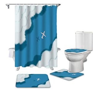 crystal emotion 4 pcs bathroom shower curtains sets with rugs, ocean sky cloud, luxury toilet lid cover, bath mat，waterproof fabric shower curtain with 12 hooks for hotel/bathroom airplane