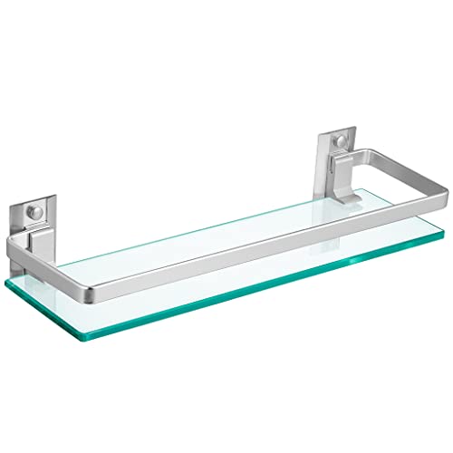 Sanbege Tempered Glass Bathroom Shelf with Rail, 15" x 4.5" Rectangular Shower Caddy, Wall Mount Floating Shampoo Holder for Lavatory, Kitchen, Living Room