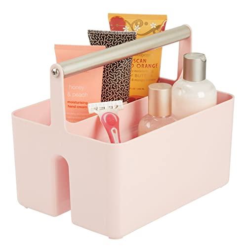 mDesign Plastic Shower Caddy Storage Organizer Utility Tote, Divided Basket Bin - Metal Handle for Bathroom, Dorm, Kitchen, Holds Soap, Shampoo, Conditioner - Aura Collection - Light Pink/Satin