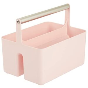 mDesign Plastic Shower Caddy Storage Organizer Utility Tote, Divided Basket Bin - Metal Handle for Bathroom, Dorm, Kitchen, Holds Soap, Shampoo, Conditioner - Aura Collection - Light Pink/Satin